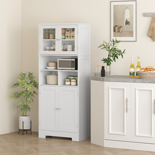 Alacena de Cocina Mueble Auxiliar de Cocina Aparador Alto con 2 Puertas de Vidrio Estantes Ajustables y Compartimentos Abiertos 60x30x145,5 cm Blanco