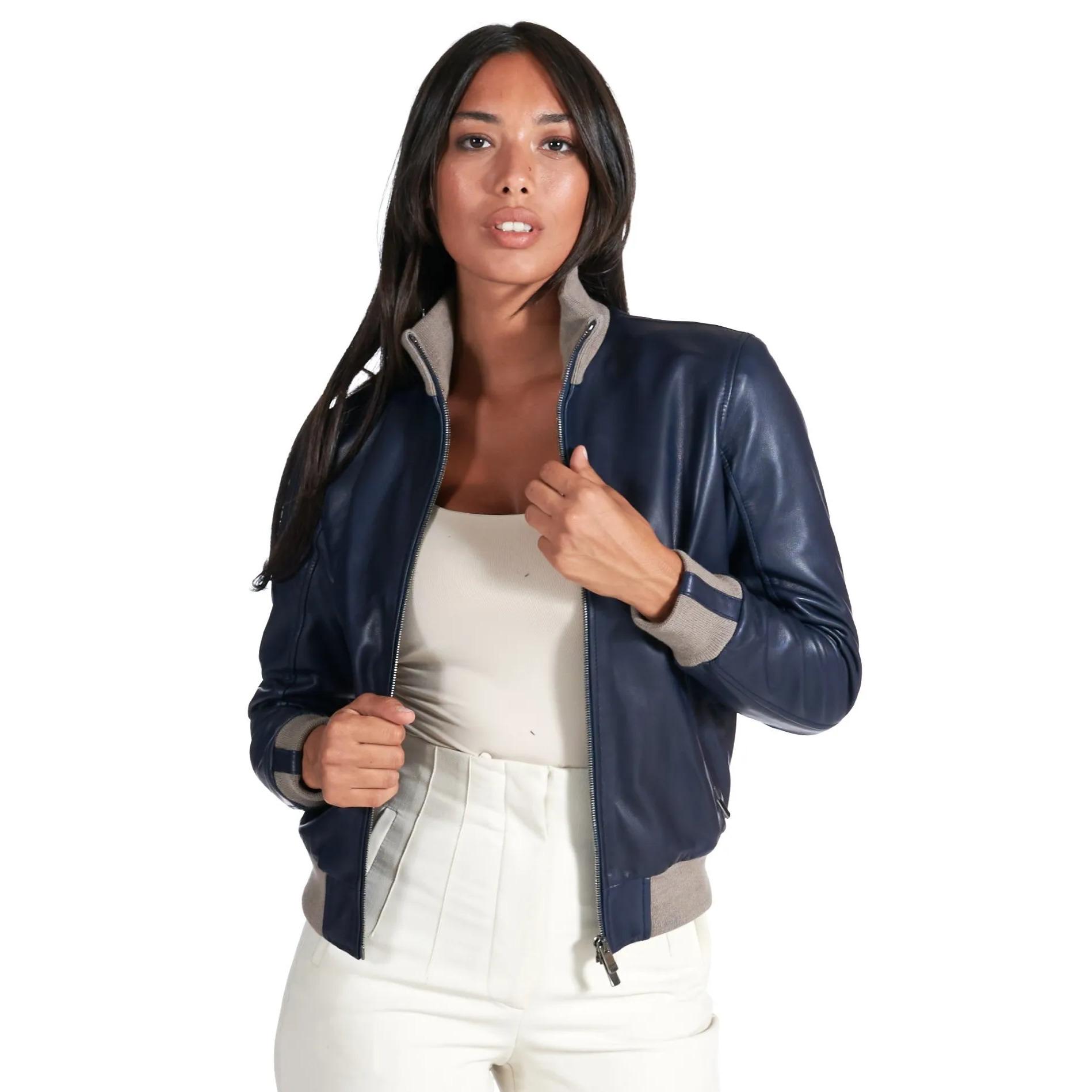 Bomber in pelle naturale blu collo in lana merino