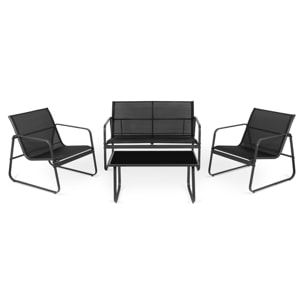 Conjunto de jardín 4 plazas, mesa centro+sofá+sillones de acero negro
