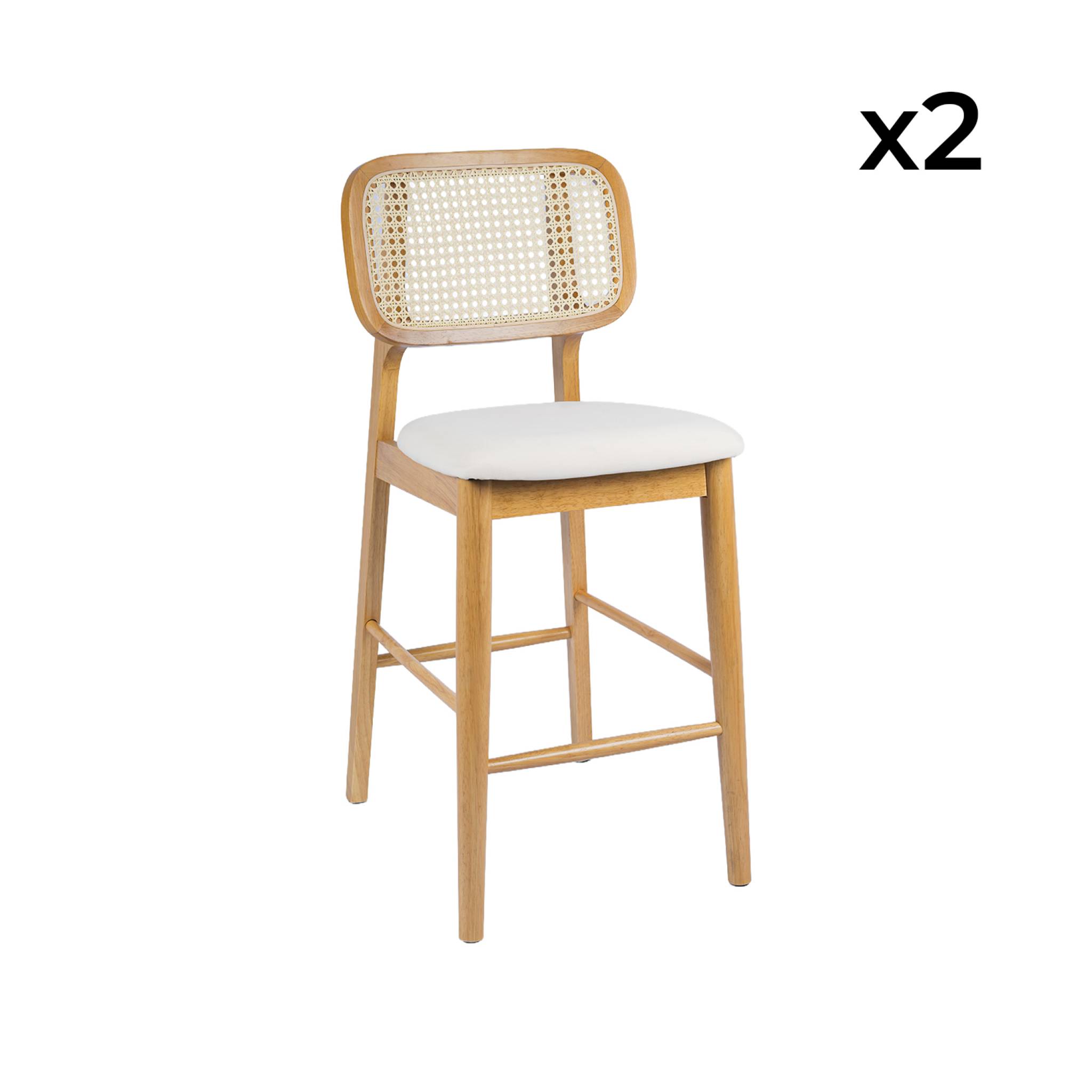 Tabouret de bar bois d'hévéa cannage et tissu 66,5cm (lot de 2) MANI