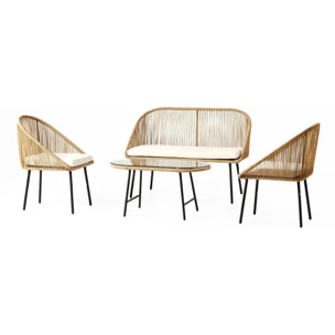 Salon de jardin 4 places avec table basse effet rotin naturel HELLO