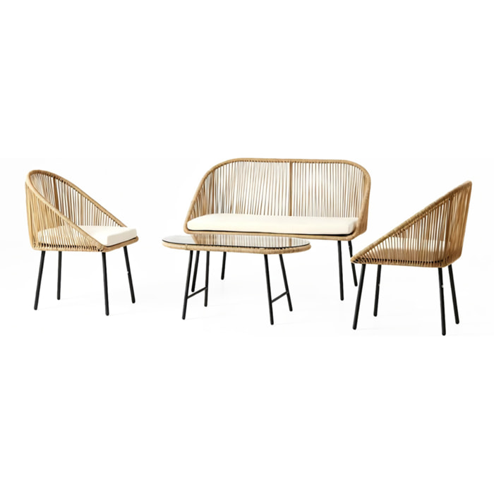 Salon de jardin 4 places avec table basse effet rotin naturel HELLO