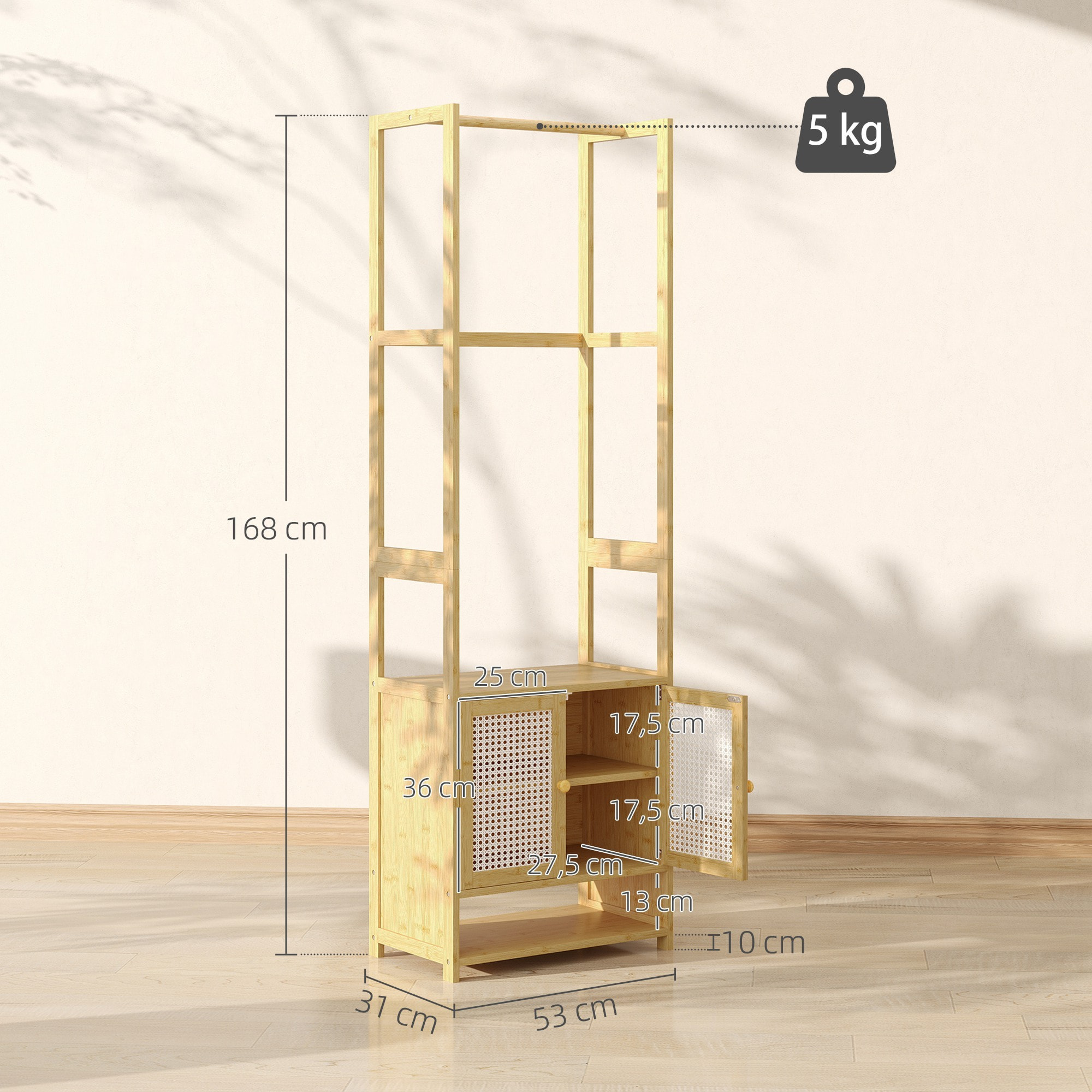 Perchero con Armario, Perchero para Ropa de Bambú, con Zapatero, Barra para Colgar, Estante Ajustable, para Entrada, Pasillo, Dormitorio, 53x31x168 cm, Natural