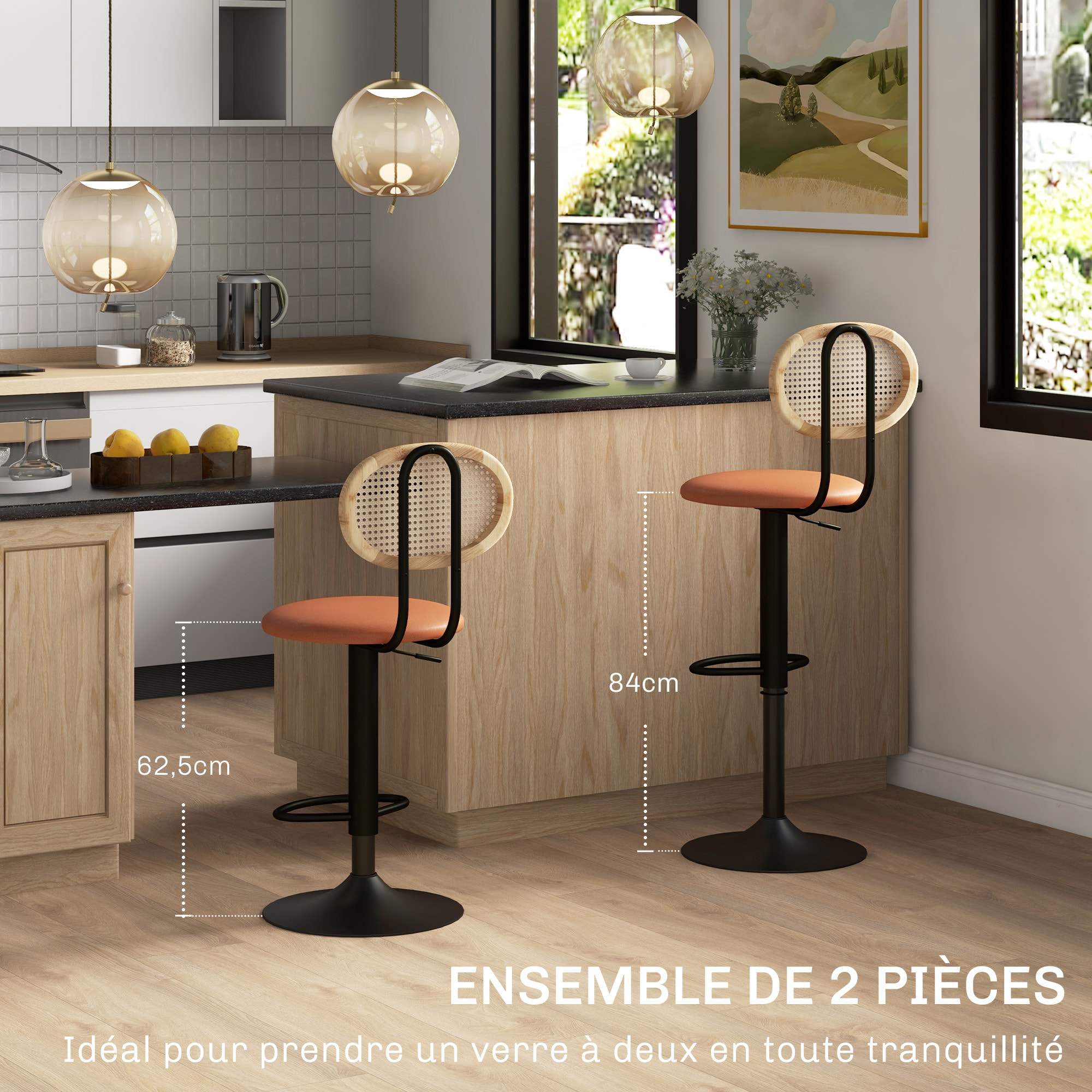 Lot de 2 tabourets de bar design néo-rétro - hauteur réglable, pivotant - acier PU rotin