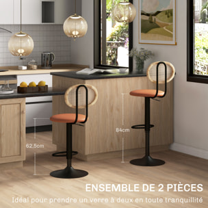 Lot de 2 tabourets de bar design néo-rétro - hauteur réglable, pivotant - acier PU rotin