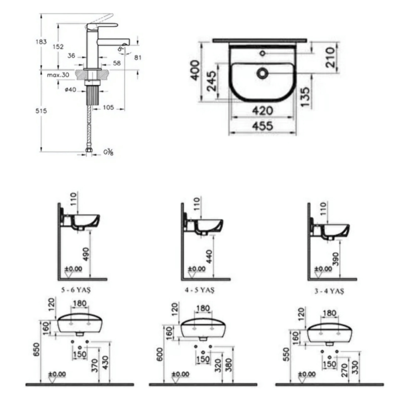 Lavabo pour enfant VITRA Sento Kids 45 cm + Mitigeur lavabo jaune et vert