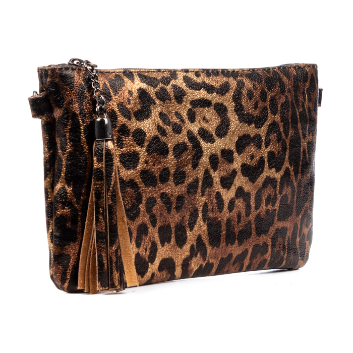 Oleggio bolso bandolera mujer. Piel auténtica Gamuza con estampado de animal print leopardo y lacada brillante.