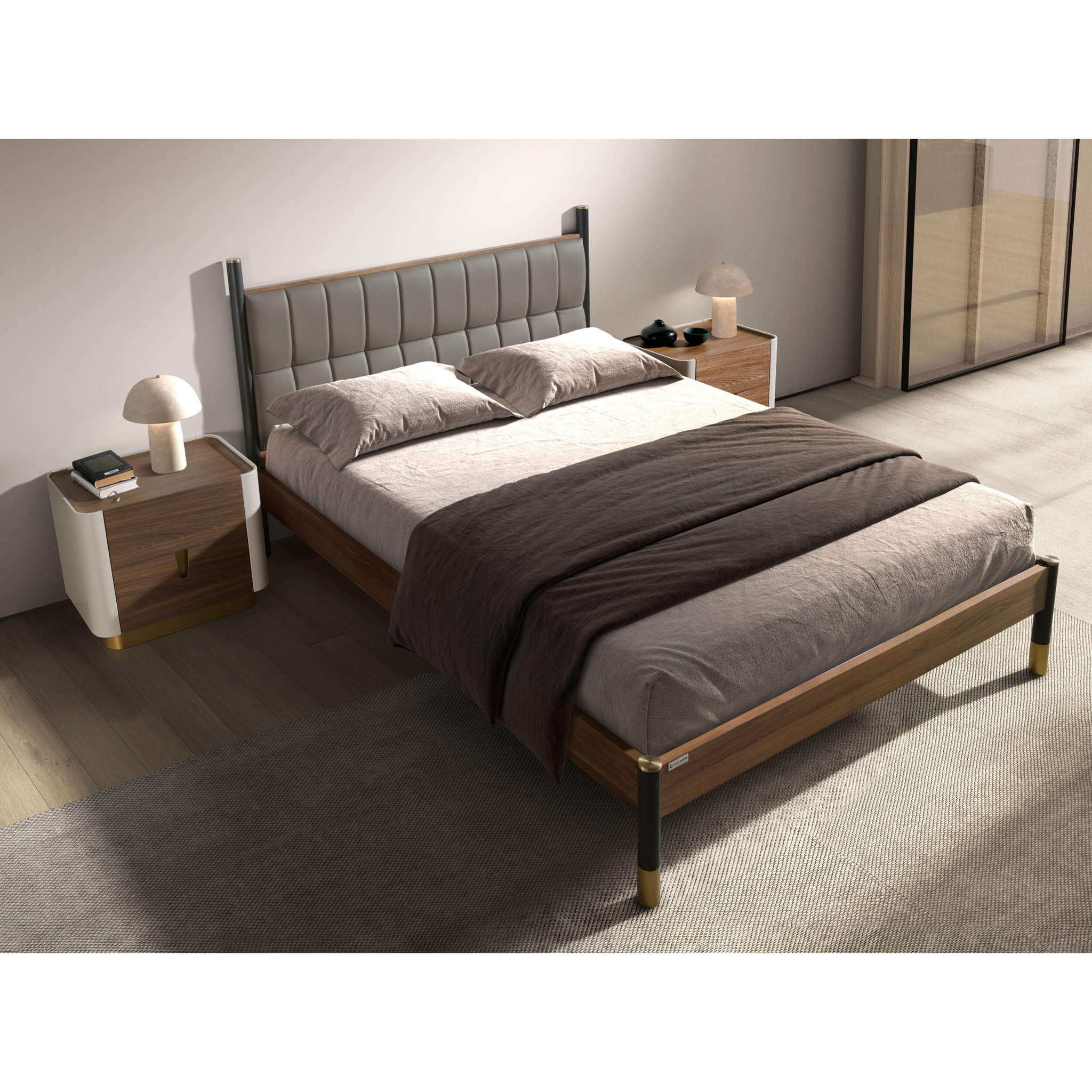 Mesita de noche con estructura de madera chapada en nogal natural y madera MDF lacada en beige base de acero inoxidable pulido en dorado 60x42x50cm