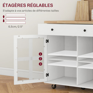 Desserte de cuisine multi-rangement - 2 portes, 2 étagères, tiroir, porte-épices, porte-torchon - blanc bois hévéa