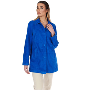 Giacca in pelle camoscio bluette monopetto versione oversize