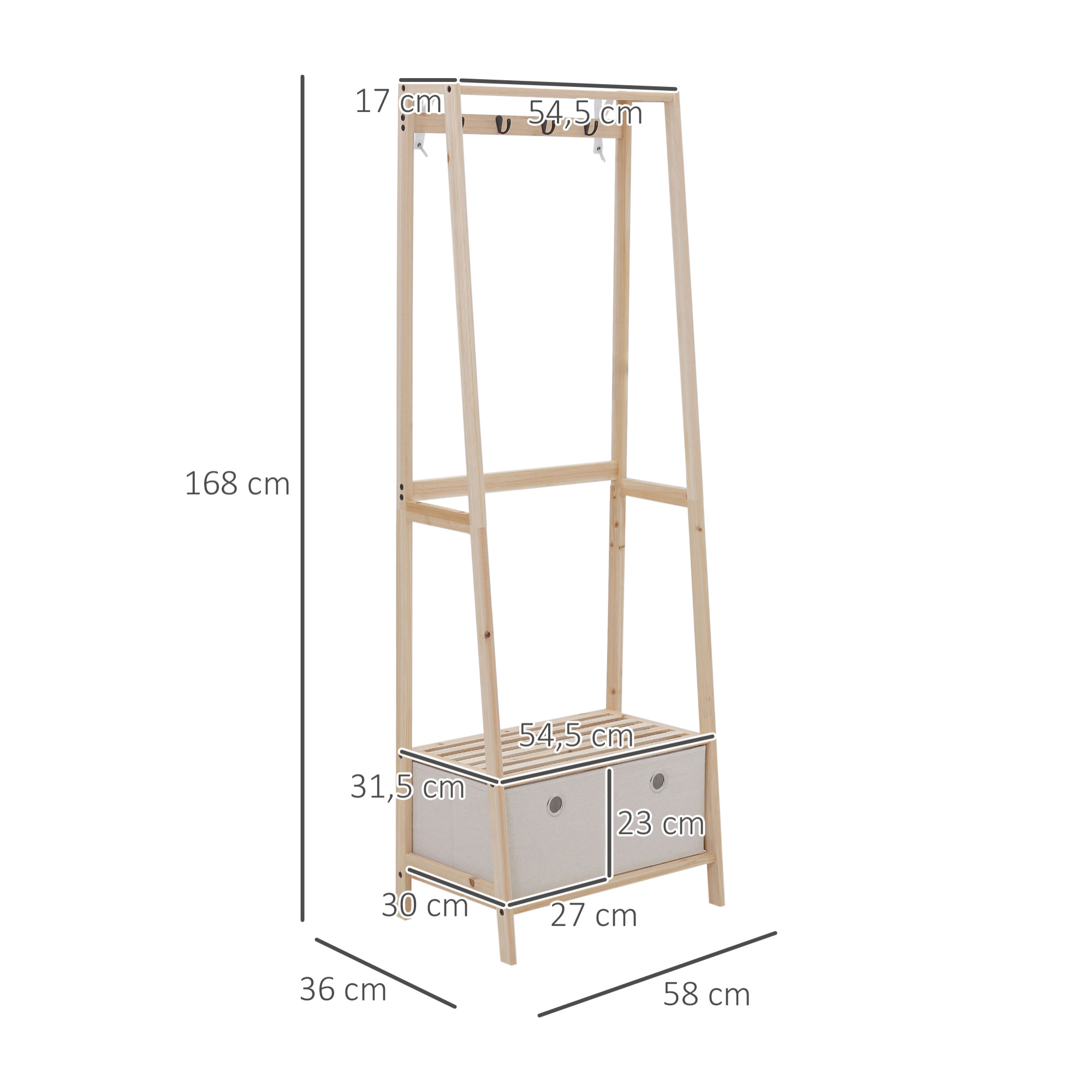 HOMCOM Vestiaire d'entrée porte-manteau 4 patères 2 tiroirs polyester gris clair 2 étagères bois de sapin