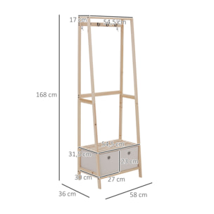 HOMCOM Vestiaire d'entrée porte-manteau 4 patères 2 tiroirs polyester gris clair 2 étagères bois de sapin