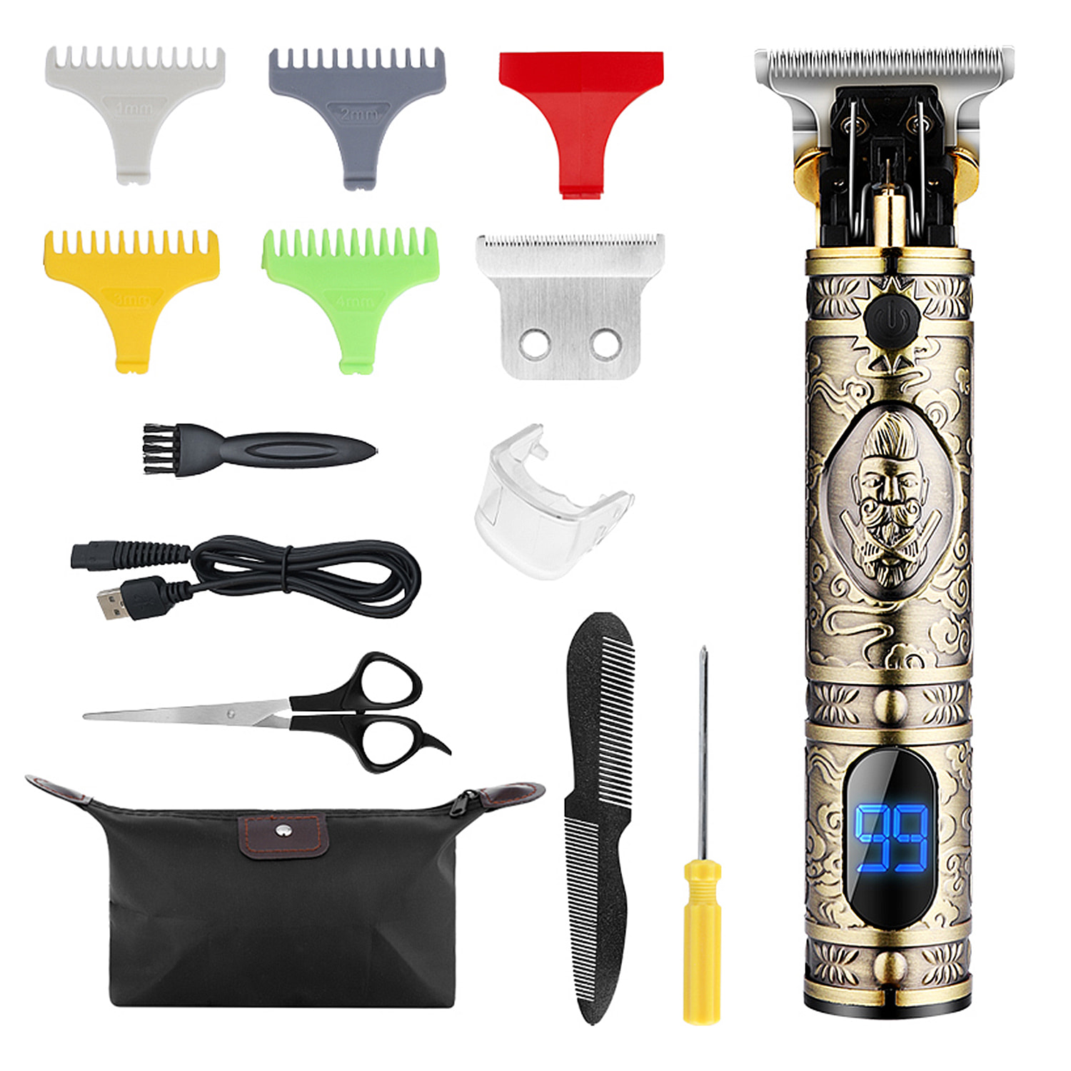 Regolabarba e capelli LM-300. Design vintage interamente in metallo. Con pettini da 1 a 3 mm e set di accessori. Batteria ricaricabile.