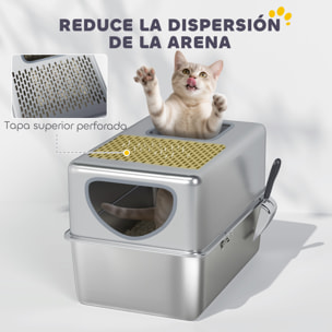 Arenero para Gatos de Acero Inoxidable XL Caja de Arena para Gatos Arenero con Pala Aberturas Dobles Fácil de Limpiar Plata