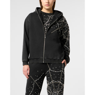 PHILIPP PLEIN Washed Zip Hoodie Spiderweb Strass