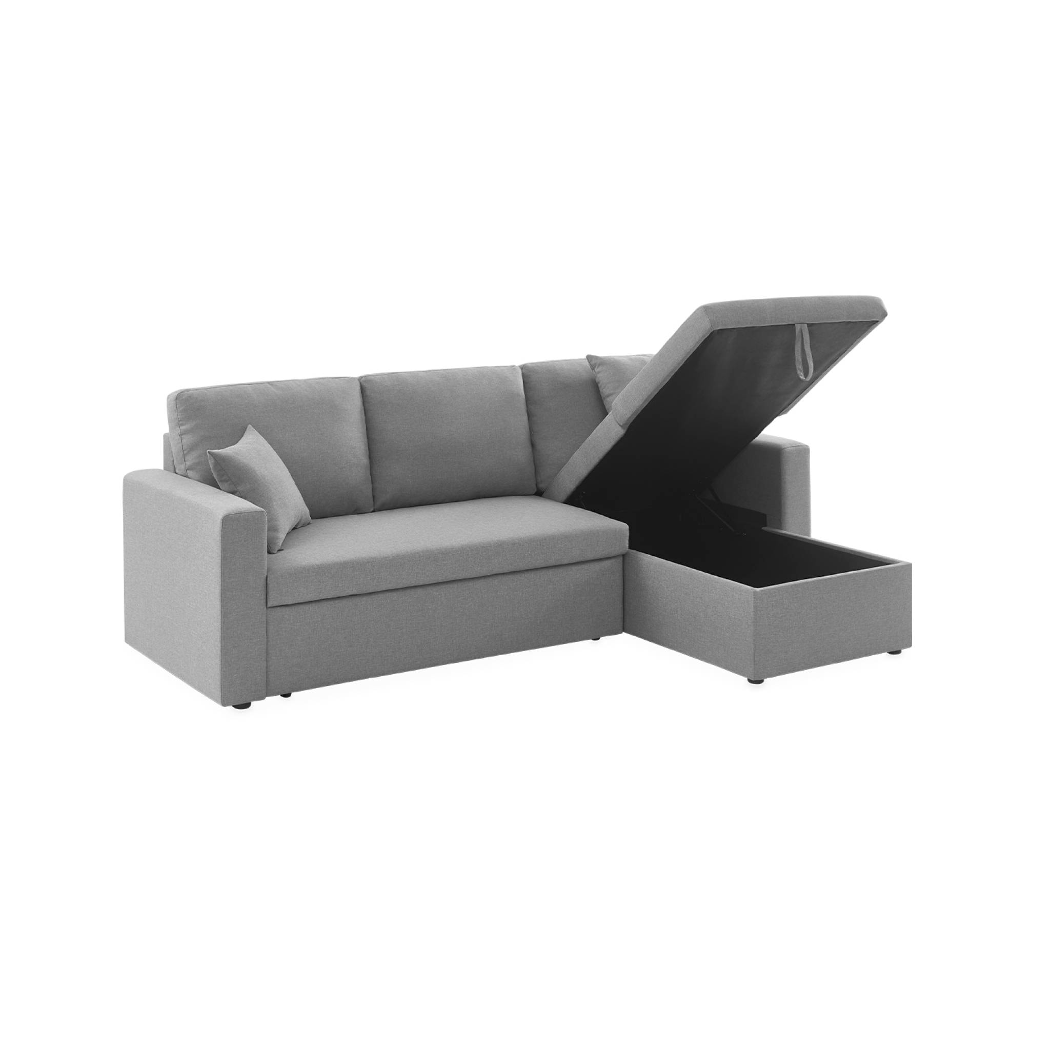 Canapé d'angle SMILE convertible réversible compact 3 places en tissu gris clair. L 213.5 x P 136.5 x H 83cm. avec coffre de rangement