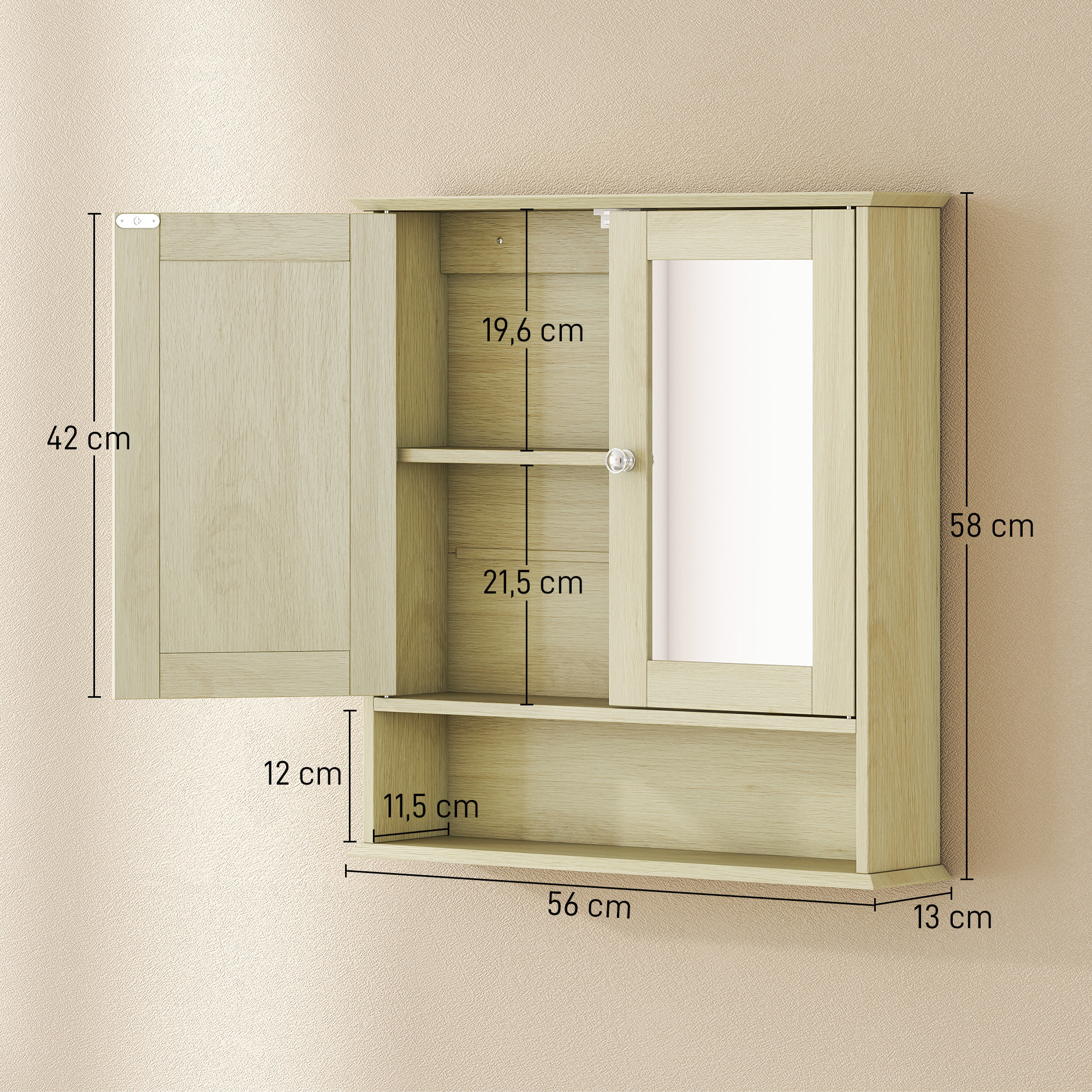 Armario de Baño con Espejo, Armario de Pared con 2 Puertas, Estante Abierto, Estante Ajustable, Mueble de Baño Colgar para Cocina, Salón, 56x13x58 cm, Natural