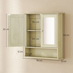 Armario de Baño con Espejo, Armario de Pared con 2 Puertas, Estante Abierto, Estante Ajustable, Mueble de Baño Colgar para Cocina, Salón, 56x13x58 cm, Natural