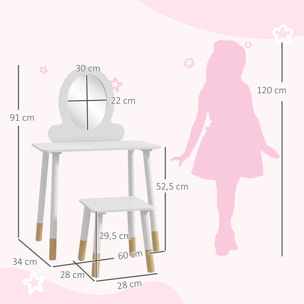 Ensemble coiffeuse pour enfants avec tabouret, coiffeuse 2 pièces pour enfants de 3 à 6 ans - blanc