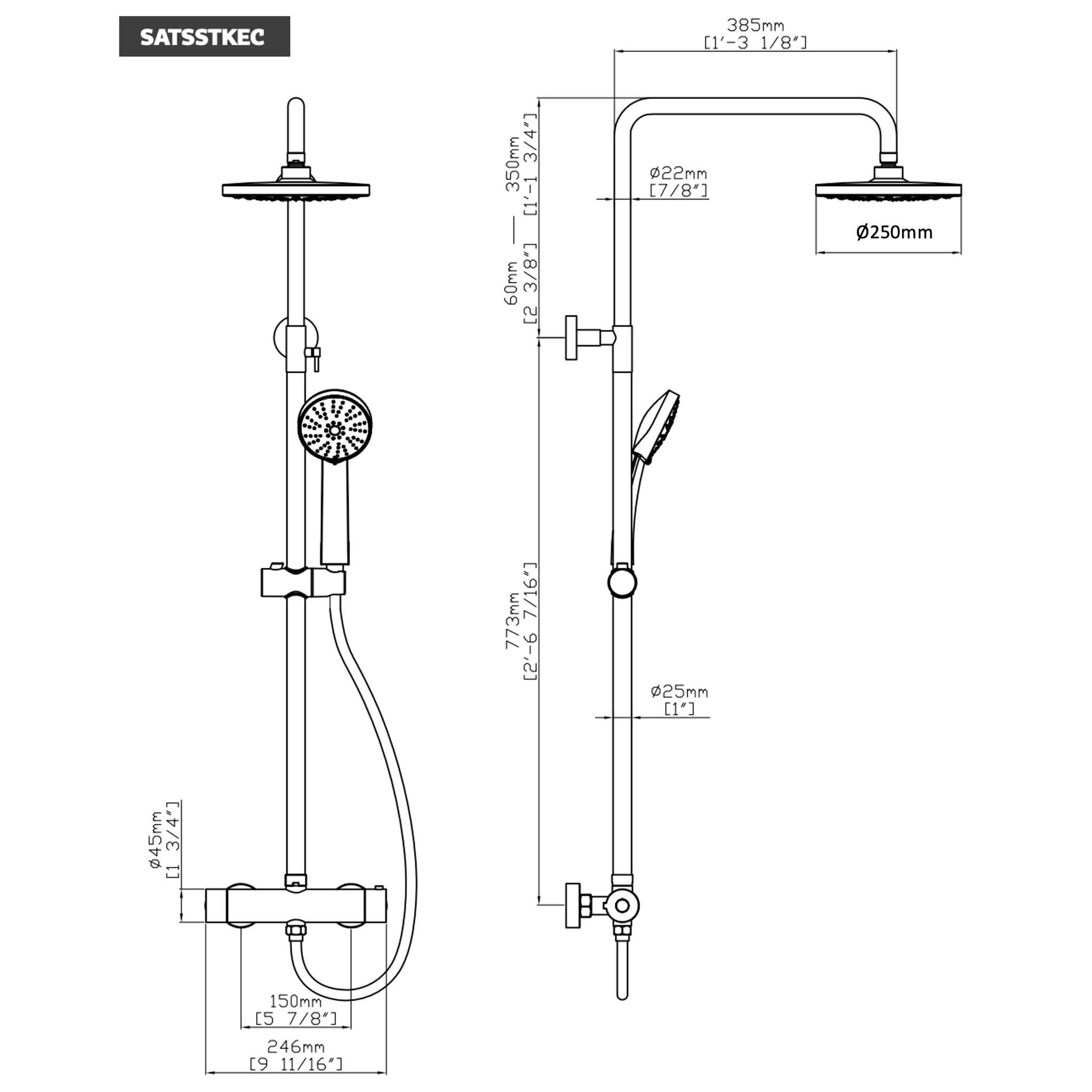 Colonne de douche XXL 250 avec mitigeur thermostatique, Douchette 3 jets, noir mat (SATSSTKEC)