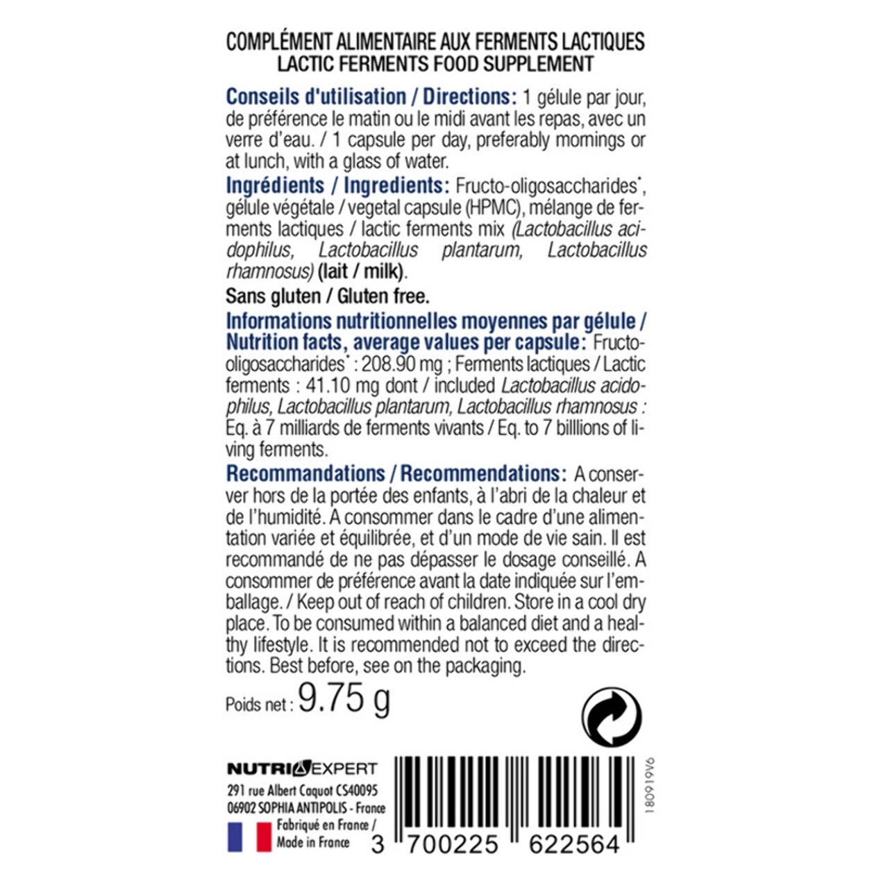 NUTRI EXPERT - Probiotiques Dynamisés - Favorise Equilibre De La Flore Intestinale -7 Milliards de Ferments Lactiques- 3 Souches Probiotiques - Riche en fibres prébiotiques - Sans Gluten - 30 Gélules