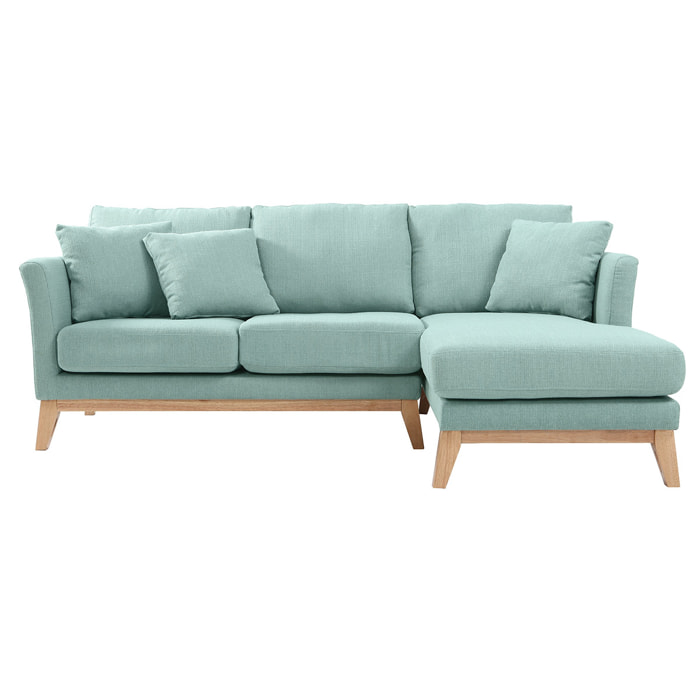 Canapé d'angle droit déhoussable scandinave 4 places en tissu vert lagon et bois clair OSLO