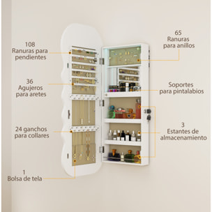 Espejo Joyero con Luz LED de 3 Colores, Armario Joyero Montado en la Pared o en la Puerta, Armario para Joyas con Cerradura, Espejo Entero, Diseño Ondulado, Blanco