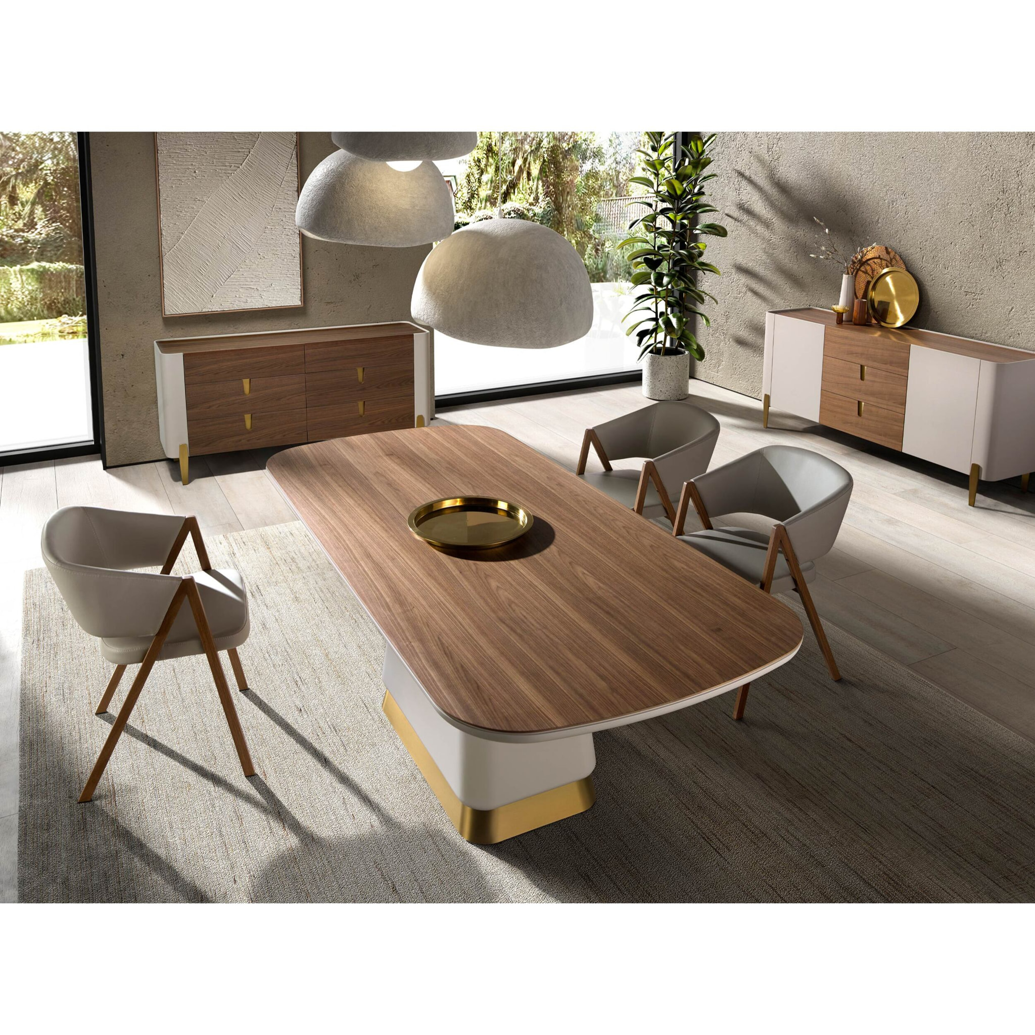 Cómoda con estructura de madera chapada en nogal natural y madera MDF lacada en beige y patas de acero inoxidable pulido en dorado 160x47x76cm