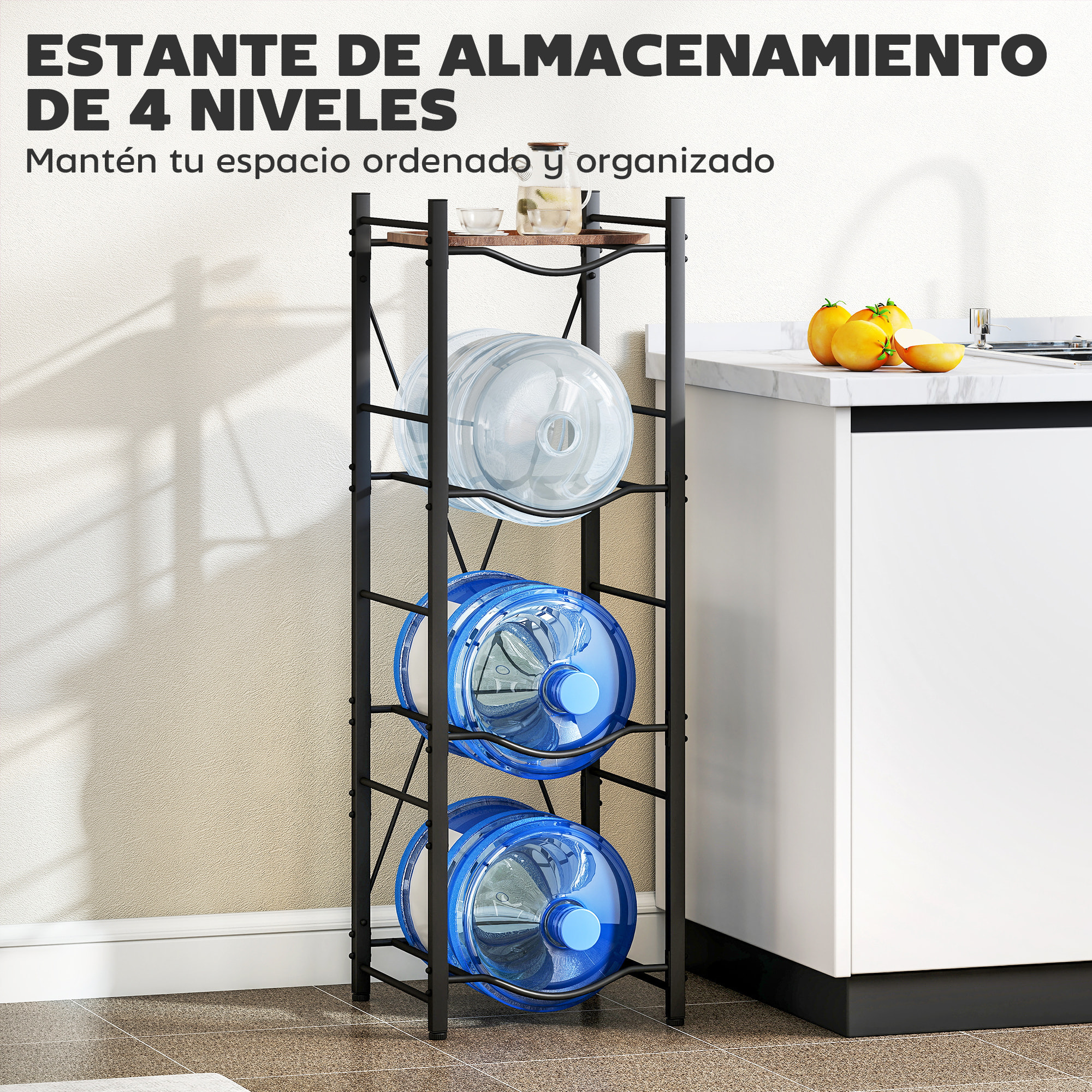 Soporte para Garrafones de Agua de 4 Niveles Estante de Almacenamiento para Botellas de Agua con Estructura de Metal Reforzada para Cocina Comedor Sala de Estar Negro