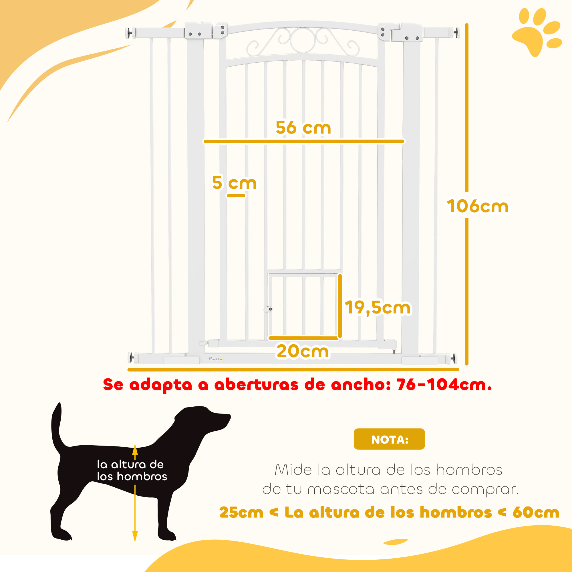 Barrera para Perros Puerta para Perros con Ancho Ajustable 76-104 cm Barrera de Seguridad para Perros con 2 Extensiones Doble Bloqueo y Puerta Pequeña para Escaleras y Puertas Blanco