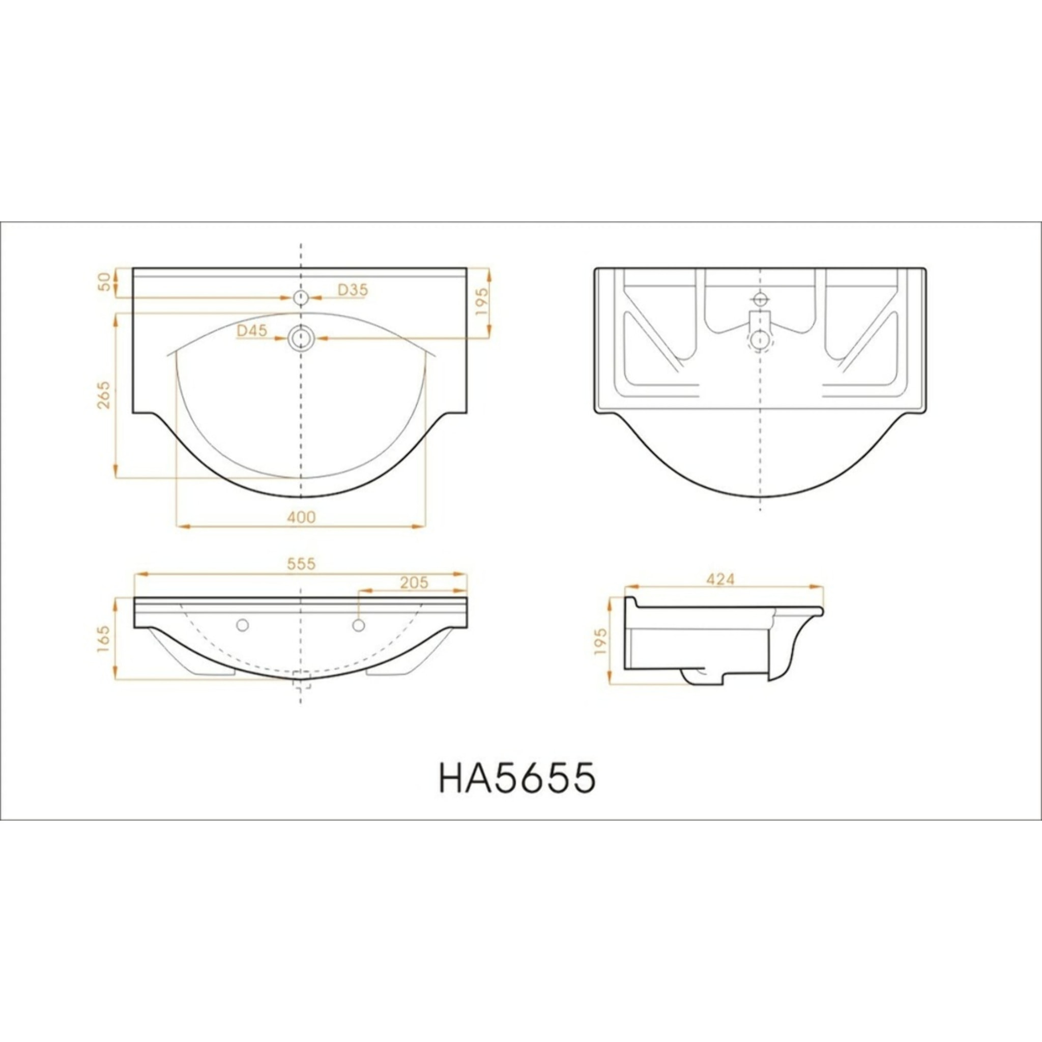 Pro 56x42 cm lavabo suspendu en céramique avec un trou pour robinetterie au milieu, blanc (HA5655)