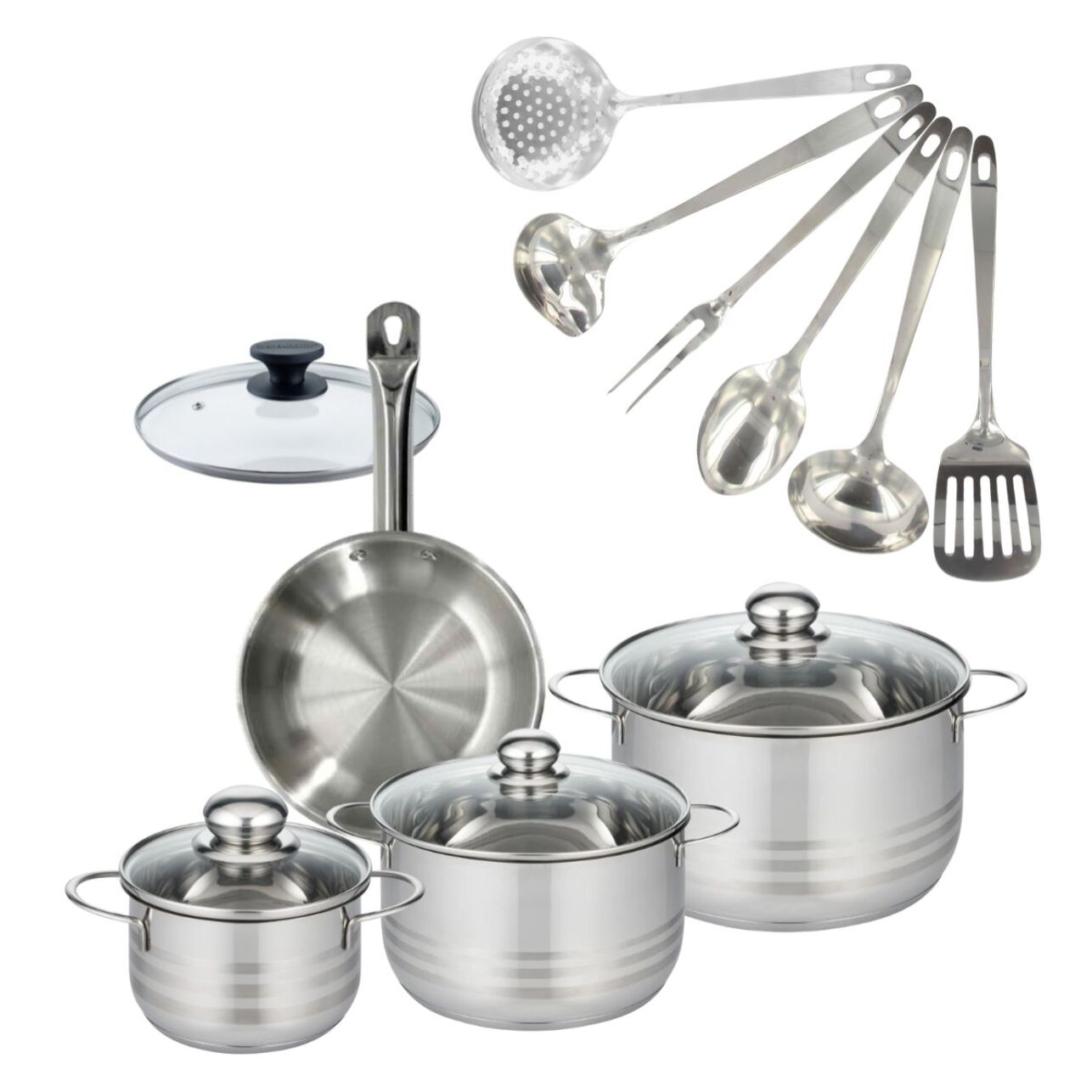 Set 1 poêle en inox et couvercle, 3 faitouts inox et 6 ustensiles inox Fackelmann Eterna