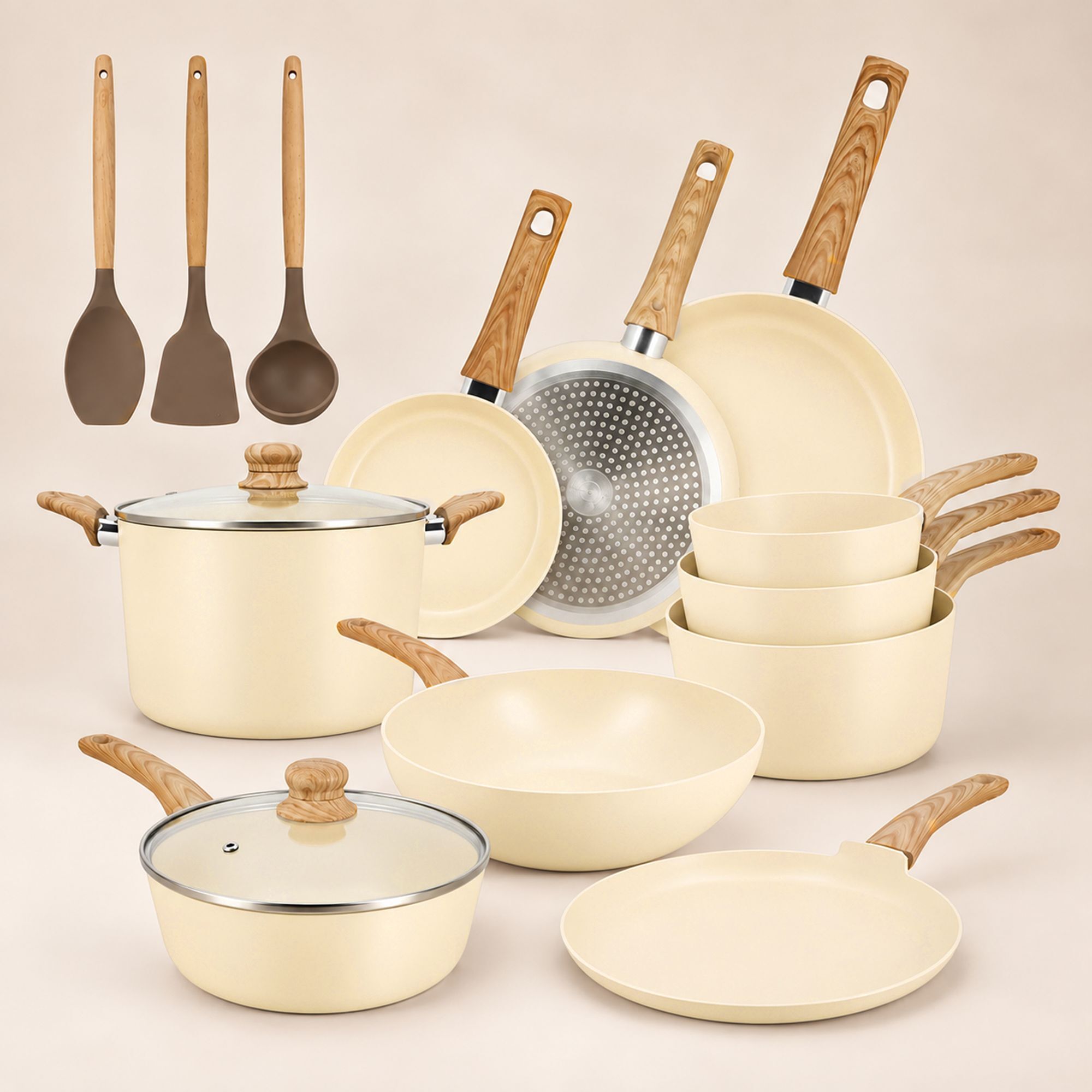 Batterie de cuisine 13 pièces en aluminium recyclé crème - tout feux COLORAMA