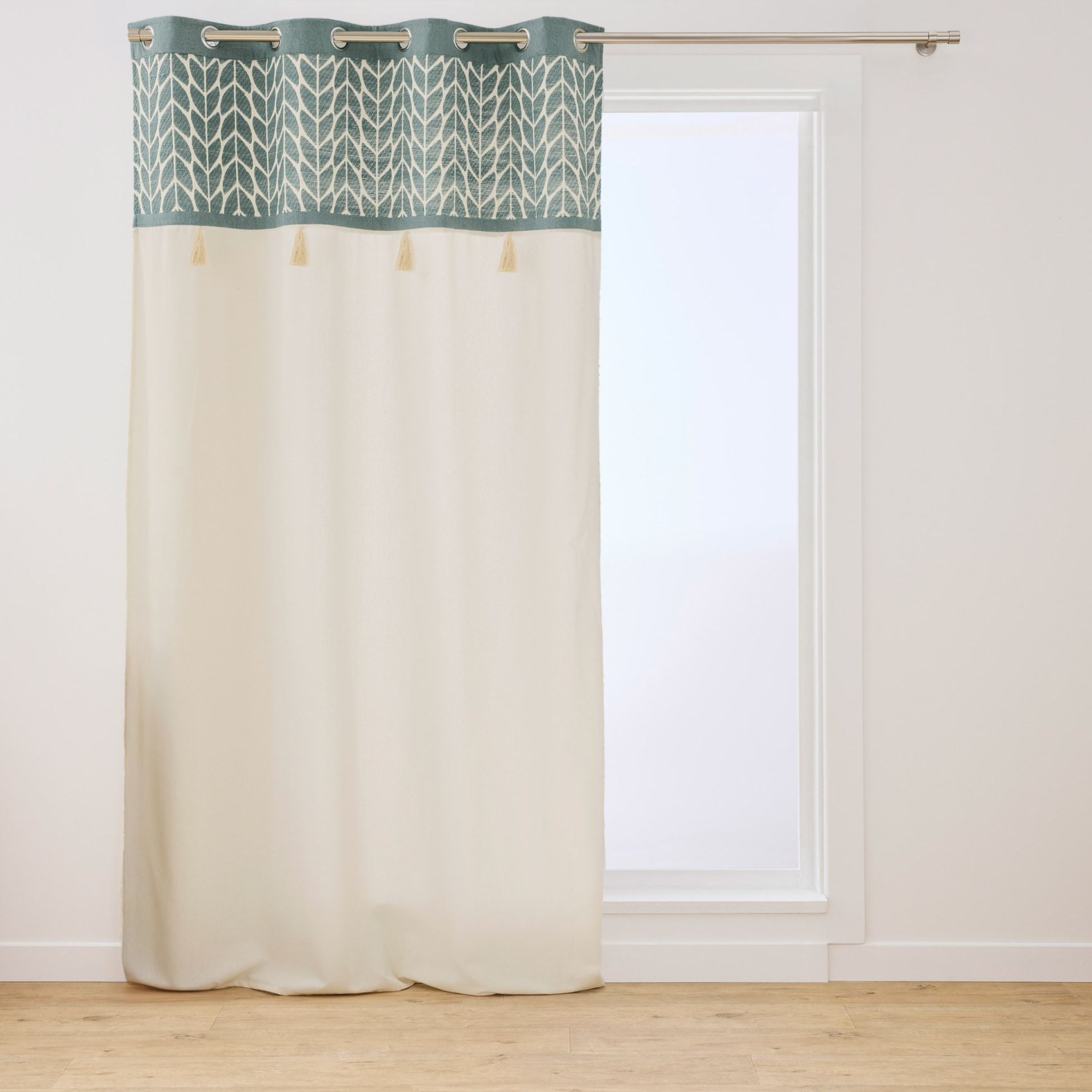 Rideau tamisant à œillets en polycoton jacquard avec pompons - Vert