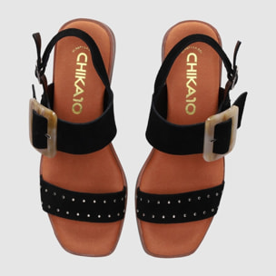 Sandalias de Serraje - Negro - Tacón: 4 cm