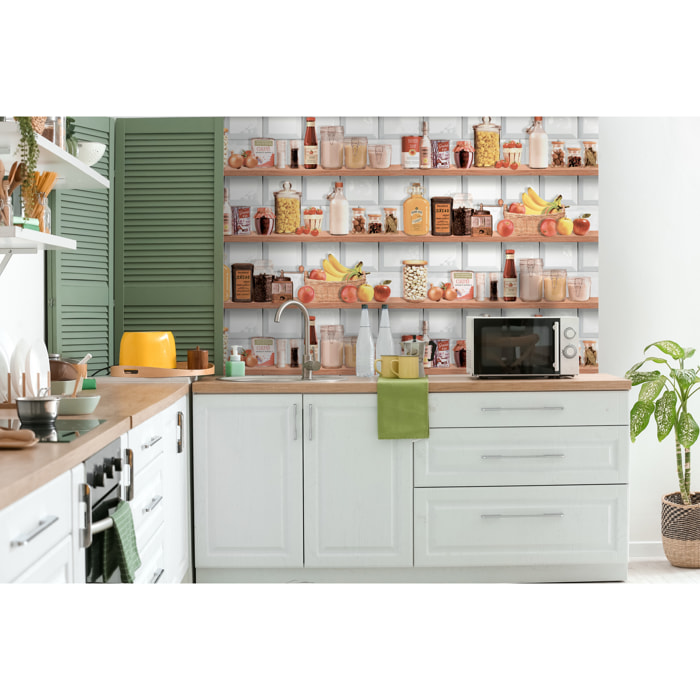 Papier peint étagère cuisine colorée style bistrot