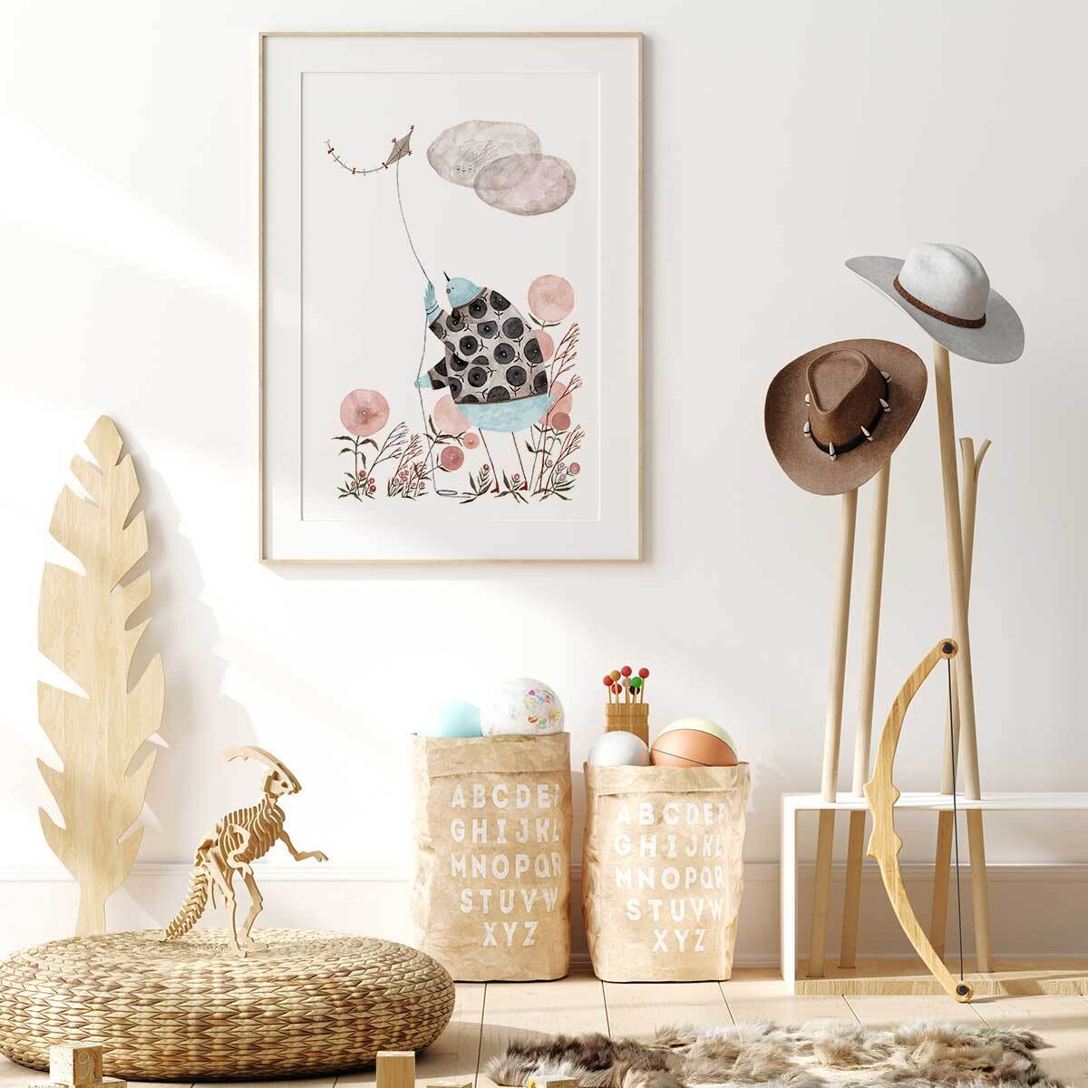 Affiche enfant cerf volant  Affiche + cadre en bois - Chêne