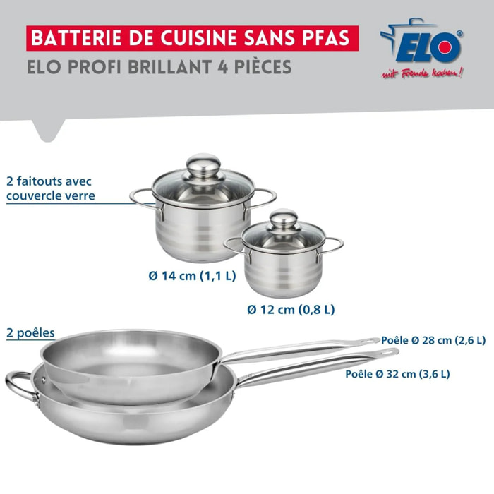 Ensemble de 2 Poêles de cuisson 28 et 32 cm et 2 faitouts 12 et 14 cm Elo Profi Brillant
