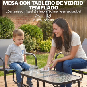 Conjunto de Jardín Exterior de 4 Piezas, Muebles Jardín Exterior con 1 Sofá de 2 Plazas, 2 Sillones y Mesa de Vidrio Templado, Estructura de Acero y Textilene Transpirable, Gris