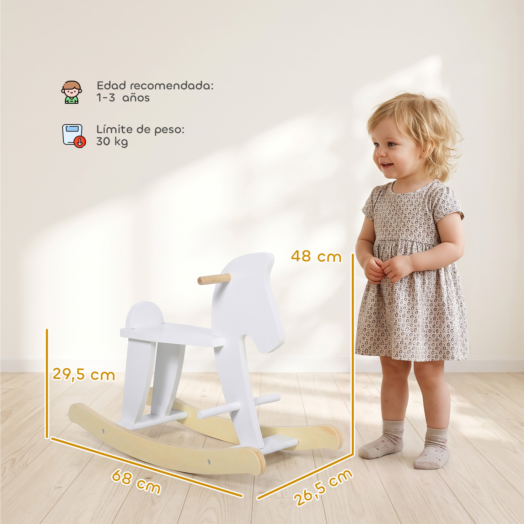 Caballito Balancín para Bebés, Caballo Balancín con Base de Madera, Diseño Clásico y Trabajo Artesanal Sólido, para Niños de 1-3 Años, Blanco
