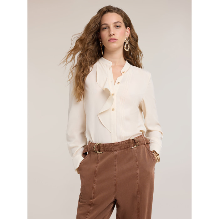 Motivi - Camicia in crêpe de chine con volant asimmetrico - Bianco