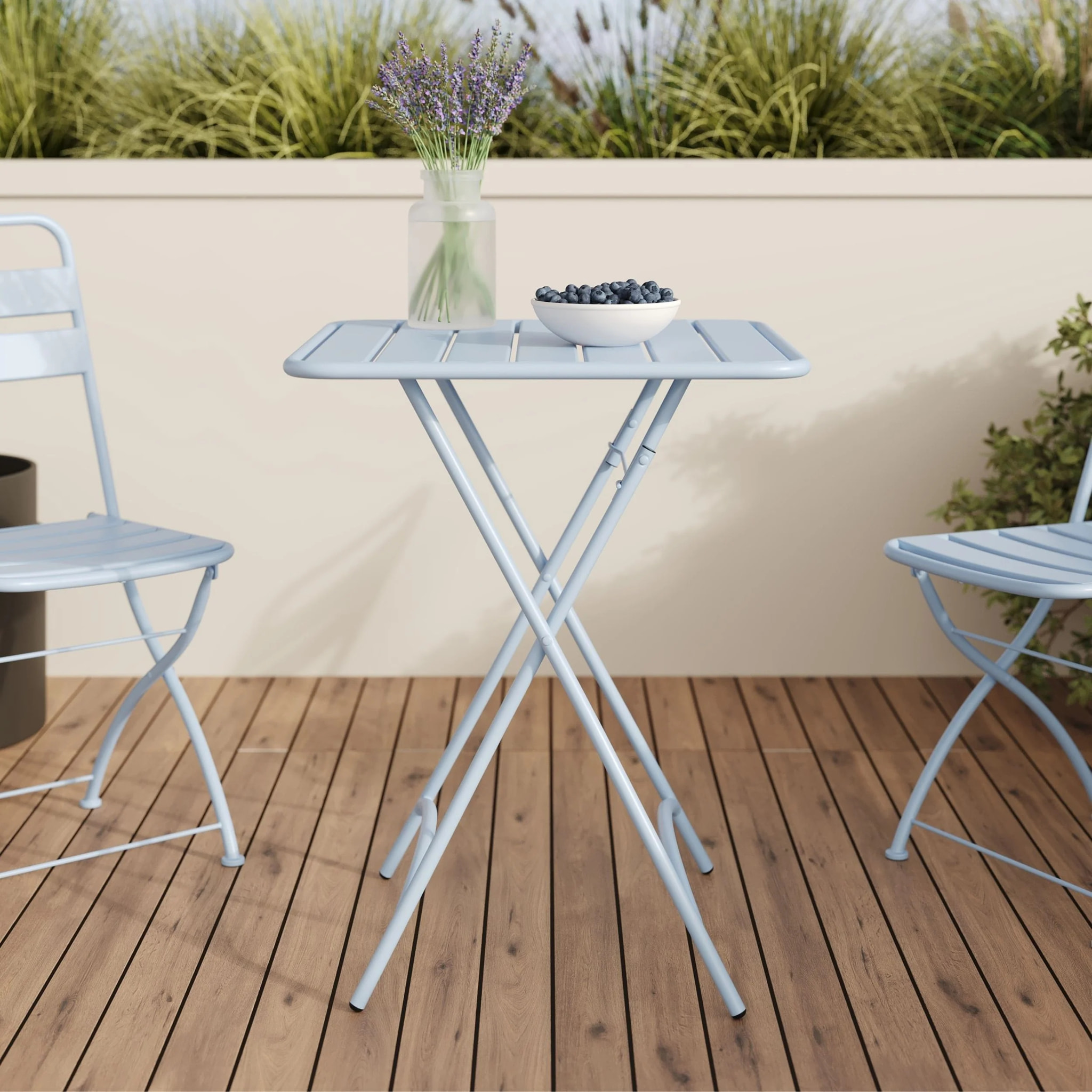 Table de jardin pliante en métal bleu pastel 2 personnes - Yumi