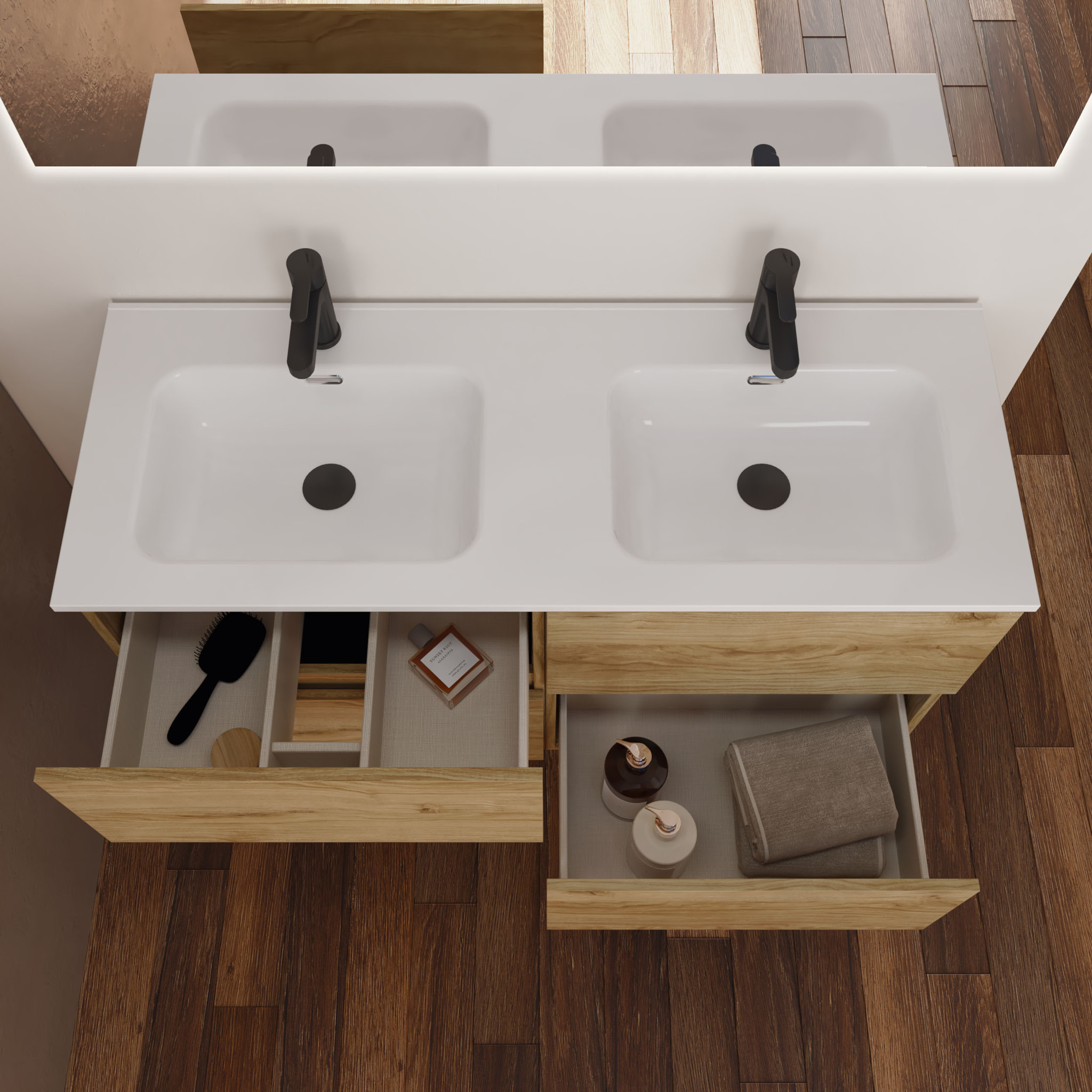 Ensemble Salle de Bain Kaji | Meuble Suspendu | 140 cm Teck | 4 Tiroirs | Lavabo Encastré | N'inclut pas Miroir | Alday