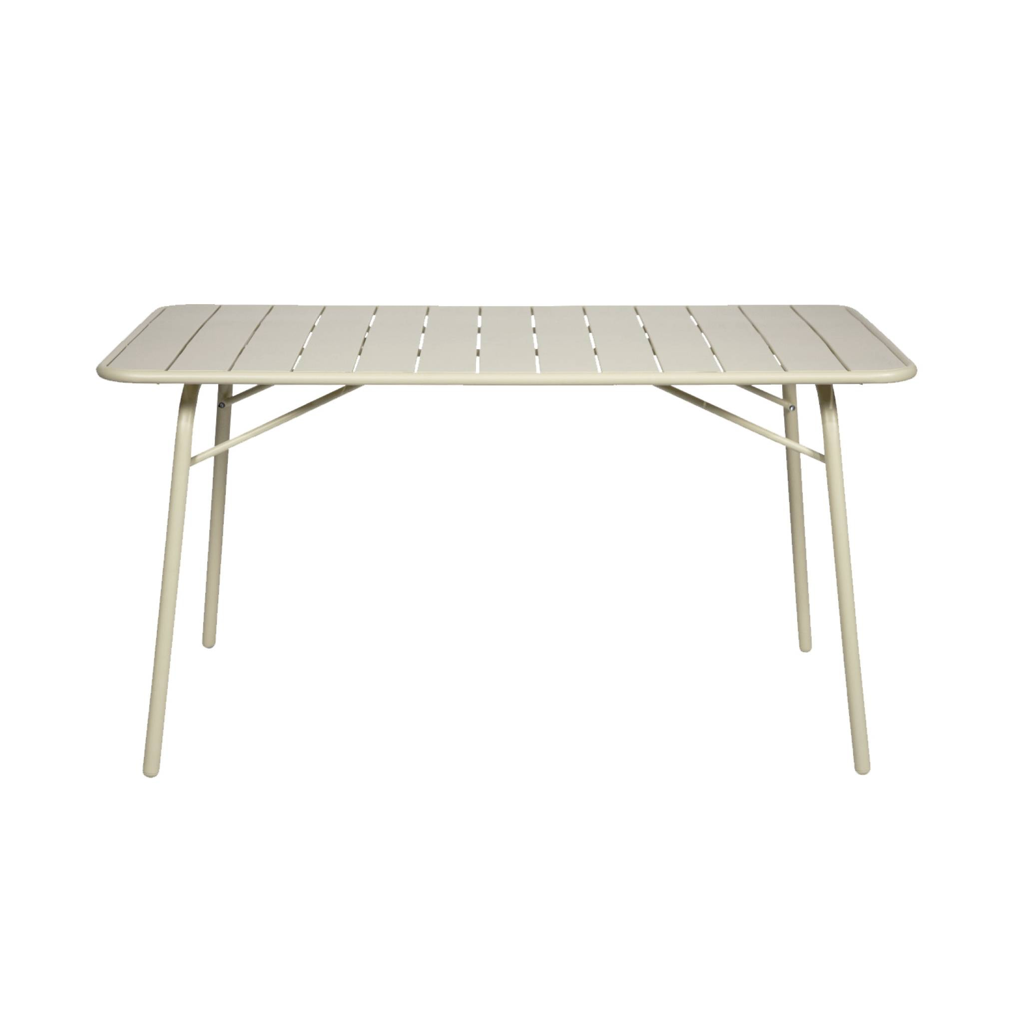 Table de jardin pliante métal 6 places. beige. Amelia. 140x80cm. traitement antirouille. lattes et bords arrondis