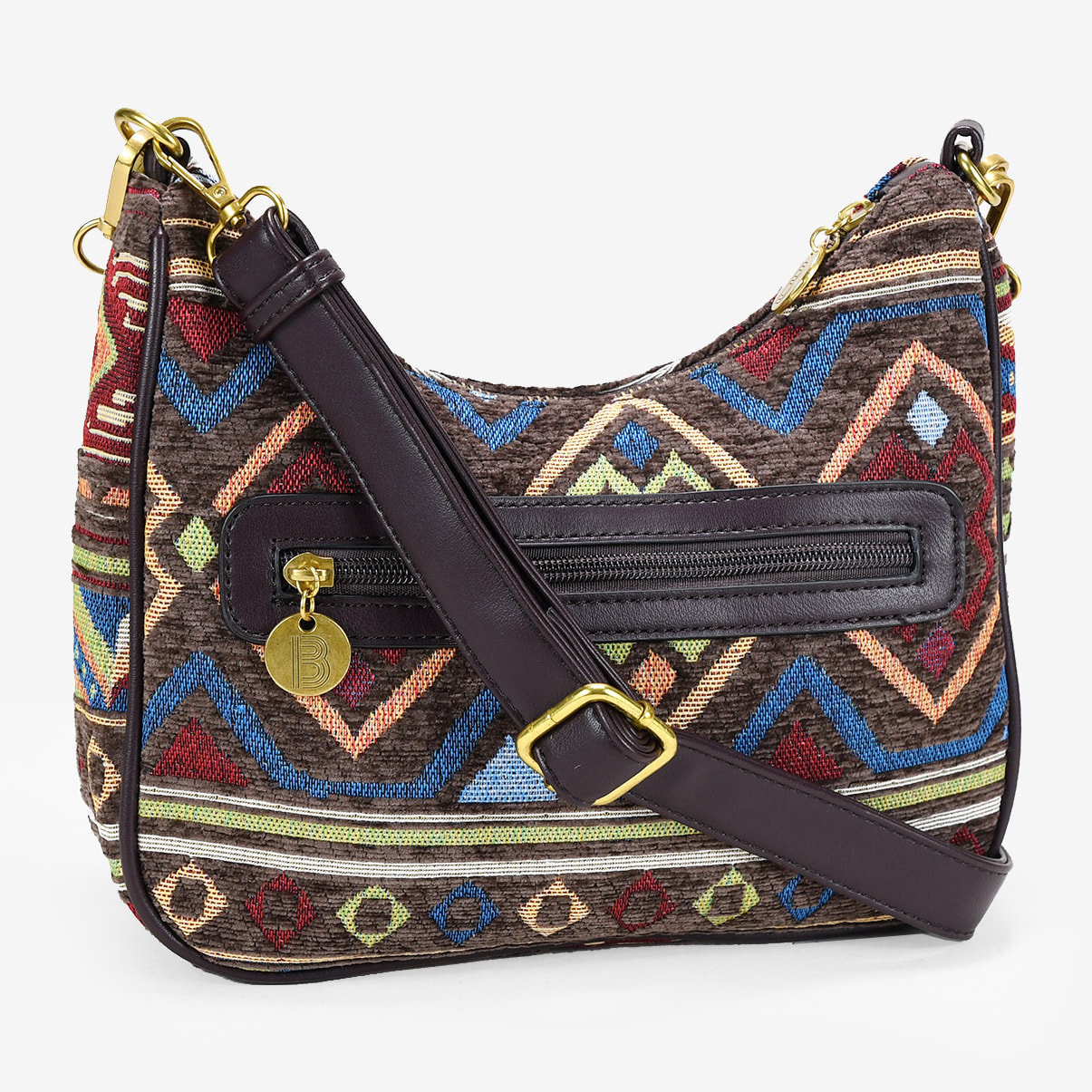 Bolso de hombro marrón con estampado jacquard