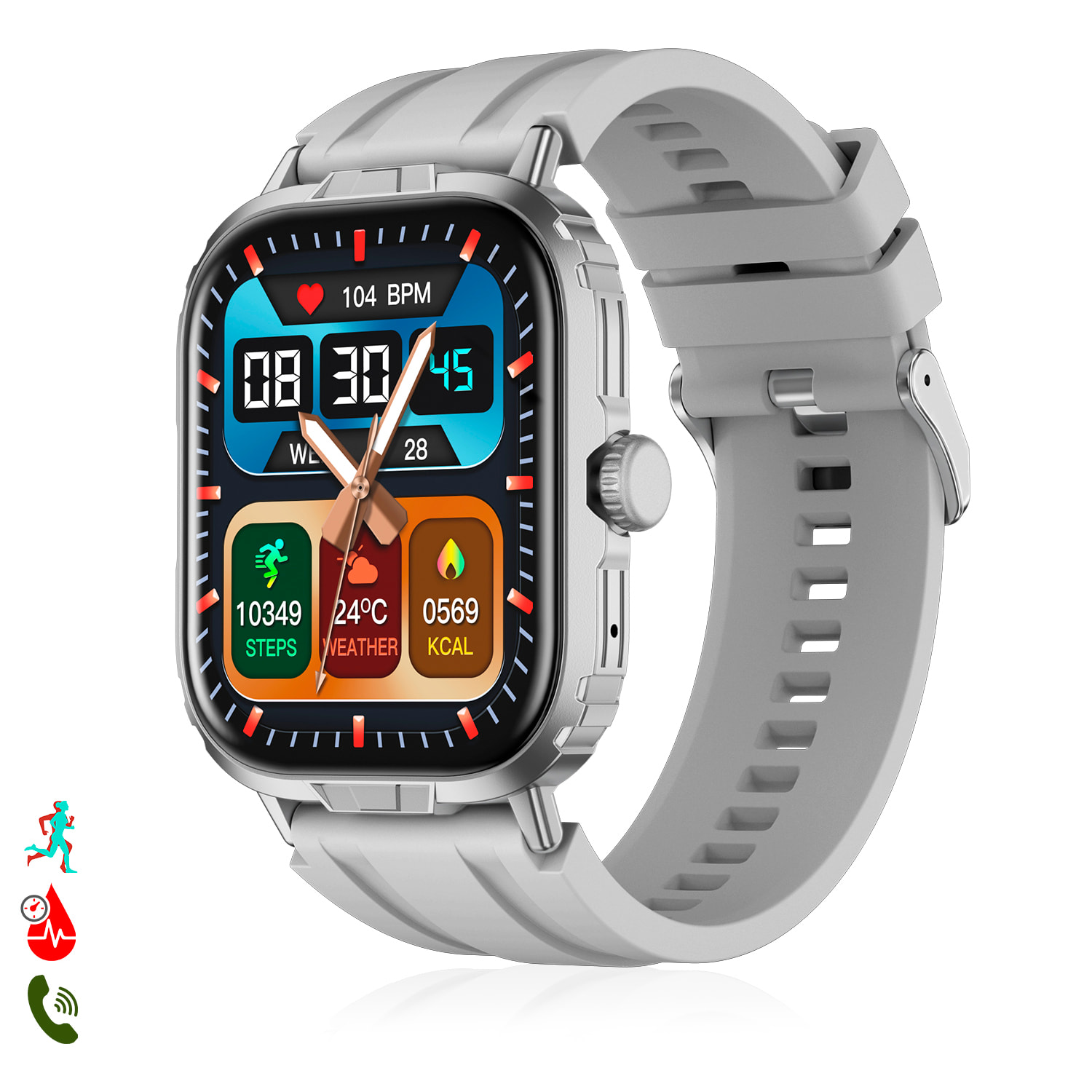 Smartwatch M106 con doppio cinturino, uno in silicone e l'altro in nylon. Notifiche delle app, monitoraggio della salute, modalità sportive.