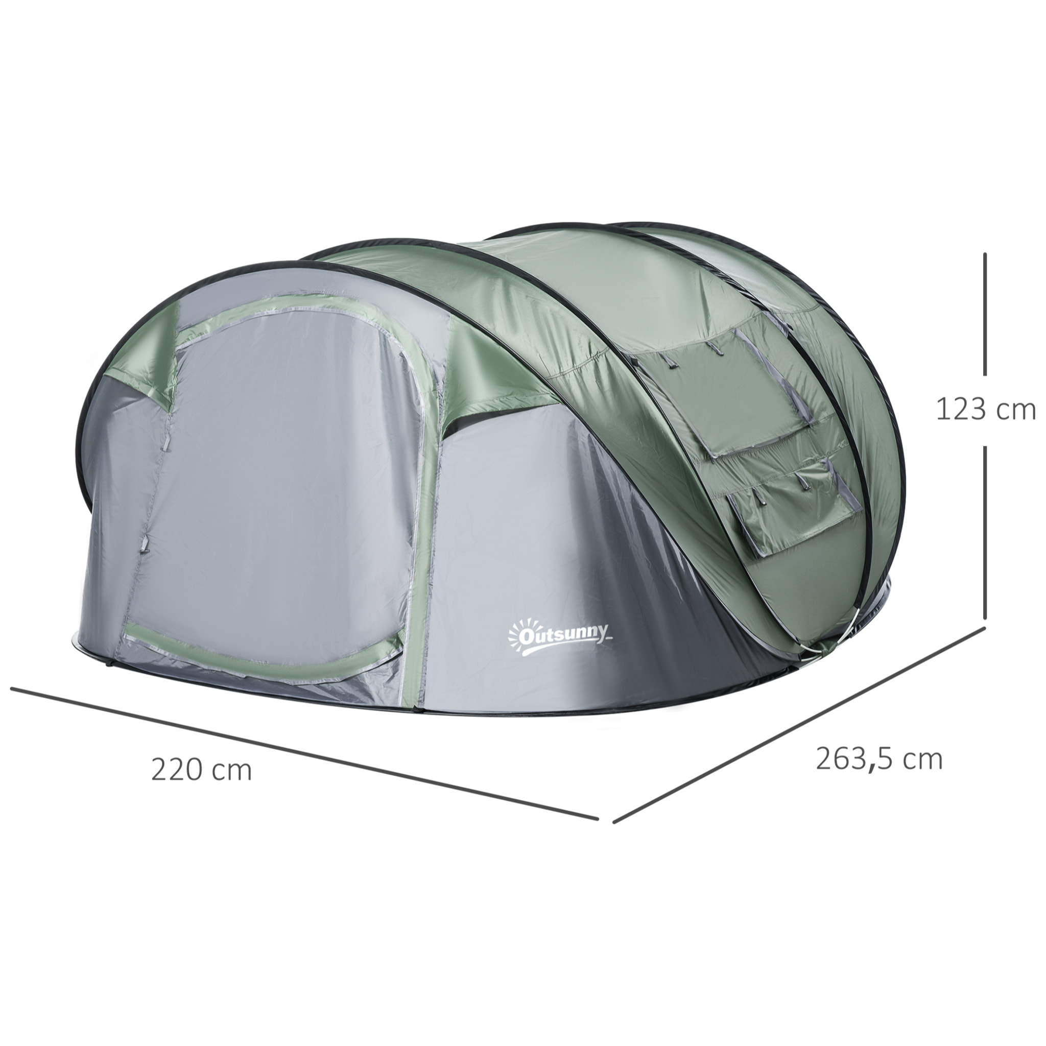 Tente de camping pop-up 4-5 pers. fibre verre polyester PE vert gris