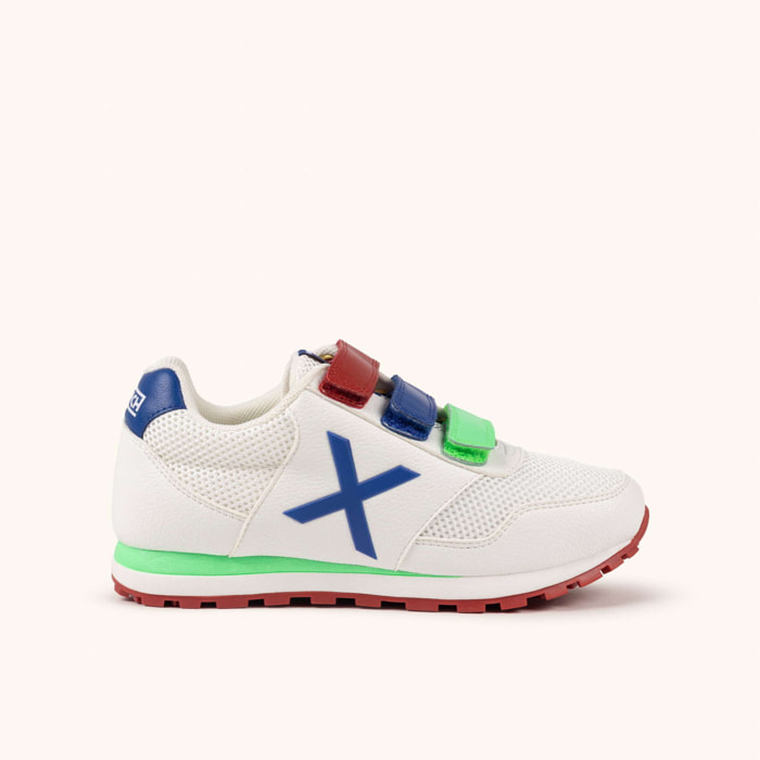MUNICH DASH KID VCO 2.0 174 Zapatilla Retro Running Infantil Blanca con Cierre de Velcro y Detalles Azules y Verdes
