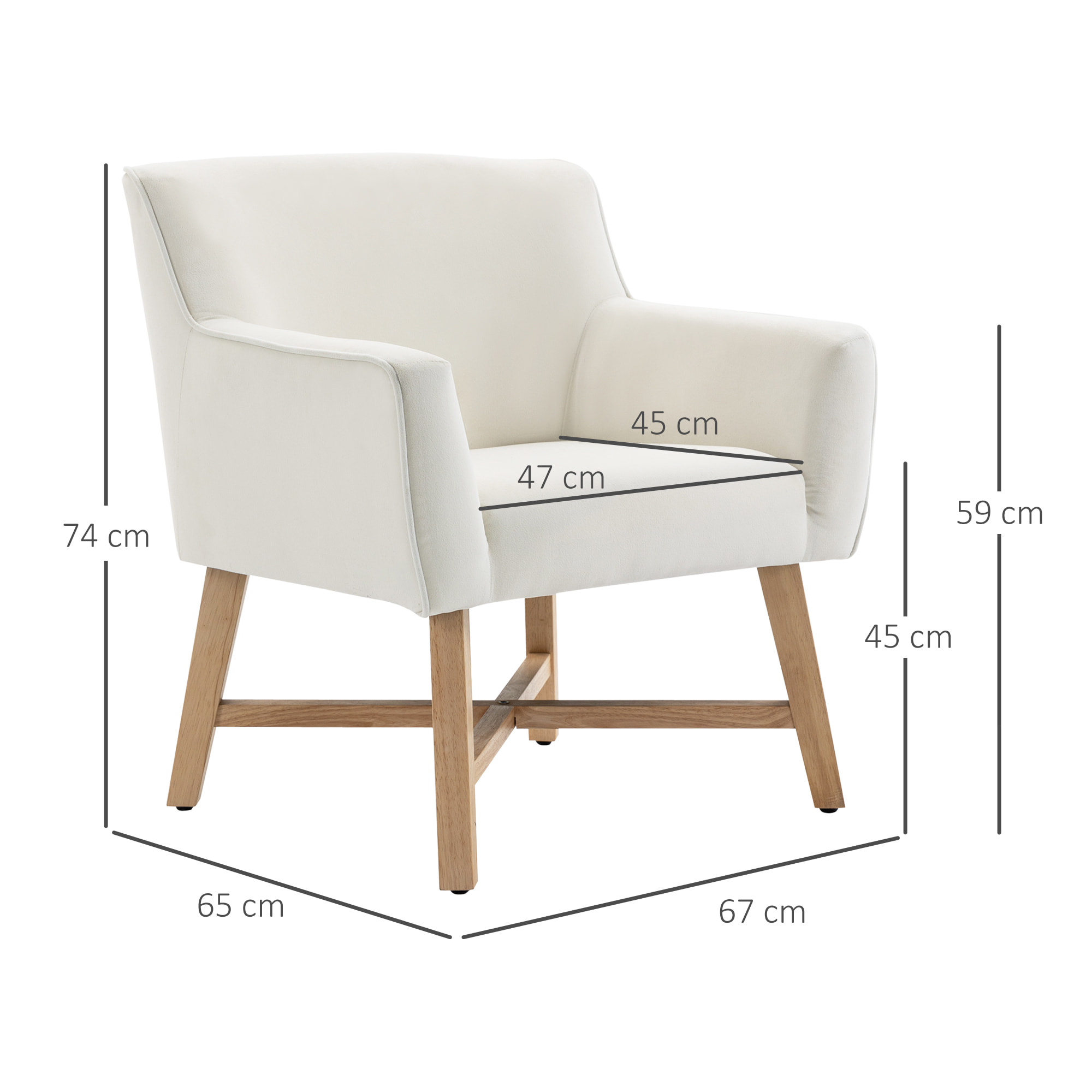 HOMCOM Butaca de Salón Tapizada en Terciopelo Sillón Relax Moderno con Asiento Reposabrazos Acolchados Patas de Madera y Base Cruzada para Dormitorio 67x65x74 cm Blanco