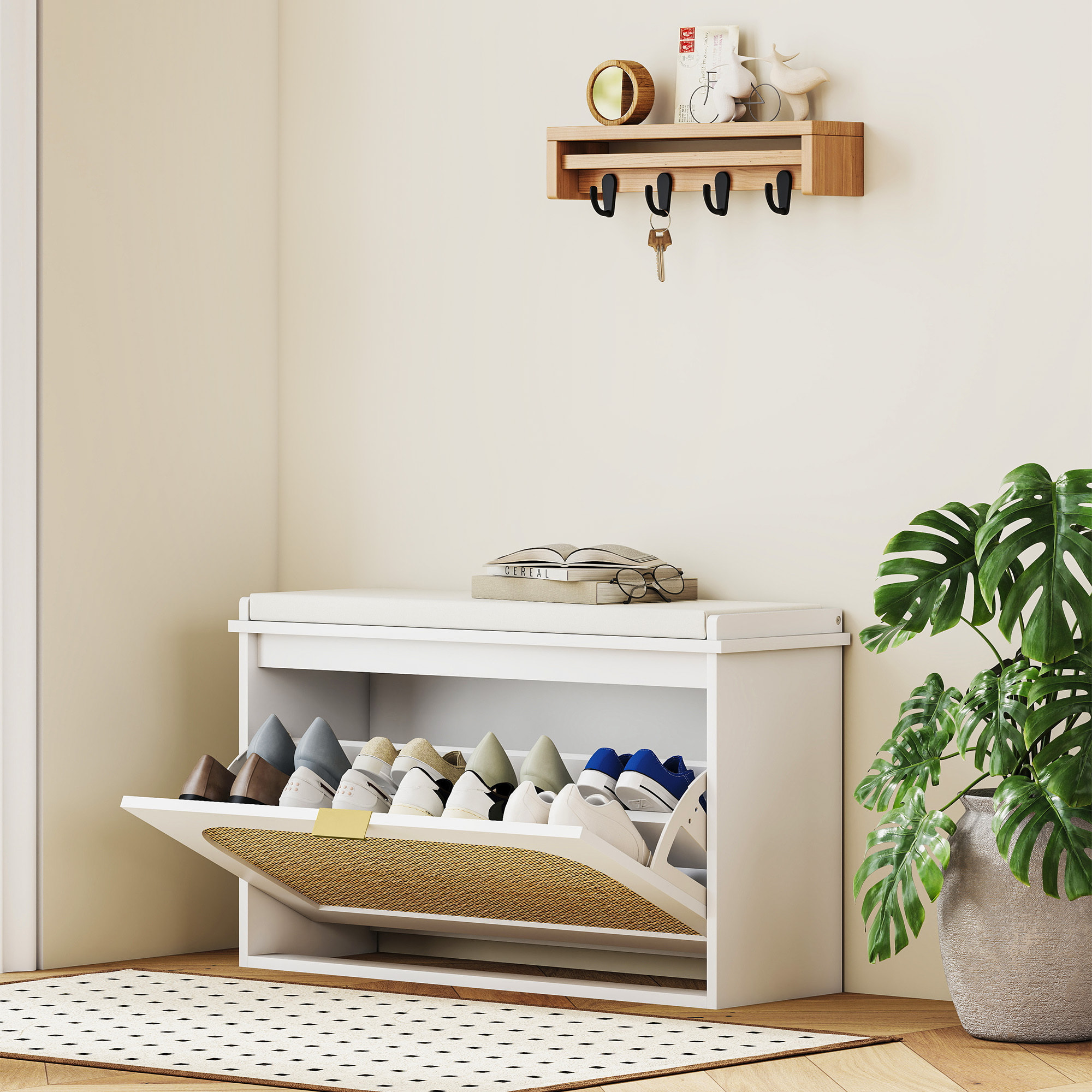 Banco Zapatero Boho, Banco Recibidor Estrecho con Asiento Acolchado, Puerta de Ratán, Cajón Abatible, Estante Ajustable, para 8 Pares de Zapatos, para Entrada, Dormitorio, 80x26x47,5 cm, Blanco